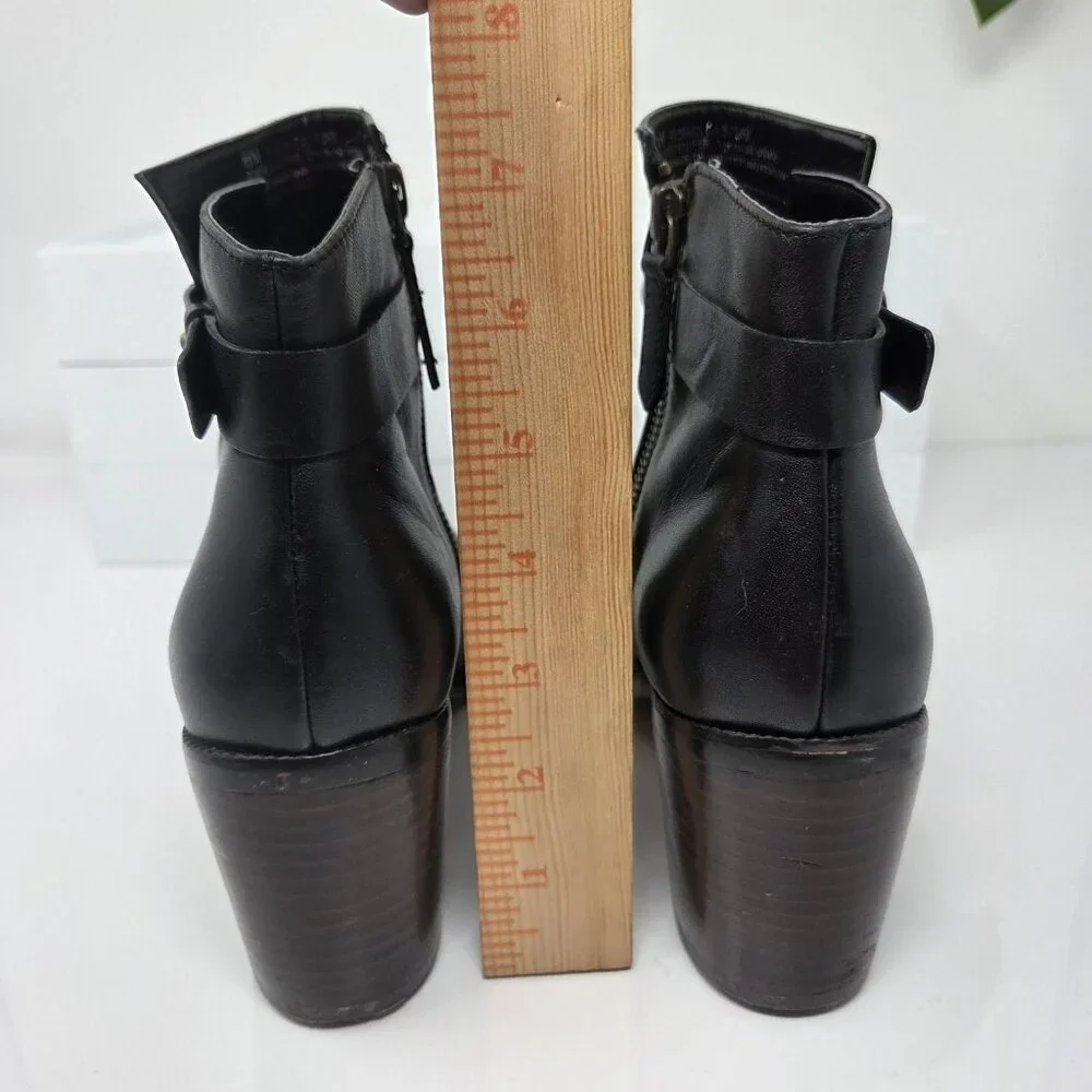Halogen Womens 8.5 Boots Leather Black Ankle Booties Block Heel Strap Almond Toe